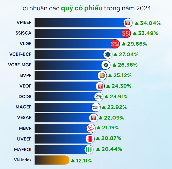 Lợi nhuận các quỹ mở cổ phiếu vượt trội so với VN-Index trong năm 2024 (Nguồn: fmarket)