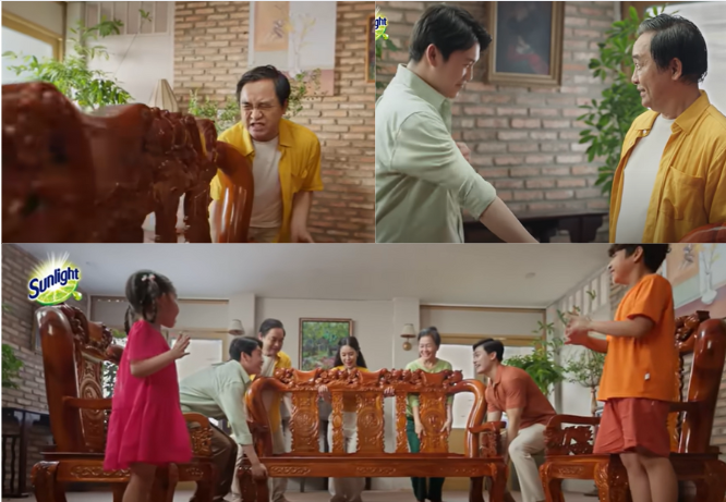 Hình capture từ MV người chú trở về giúp gia đình nâng chiếc trường kỷ