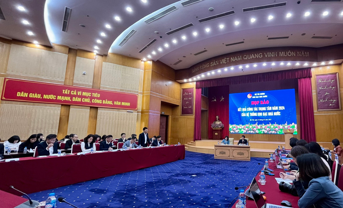 Toàn cảnh họp báo kết quả công tác trọng tâm năm 2024 của Kho bạc Nhà nước.