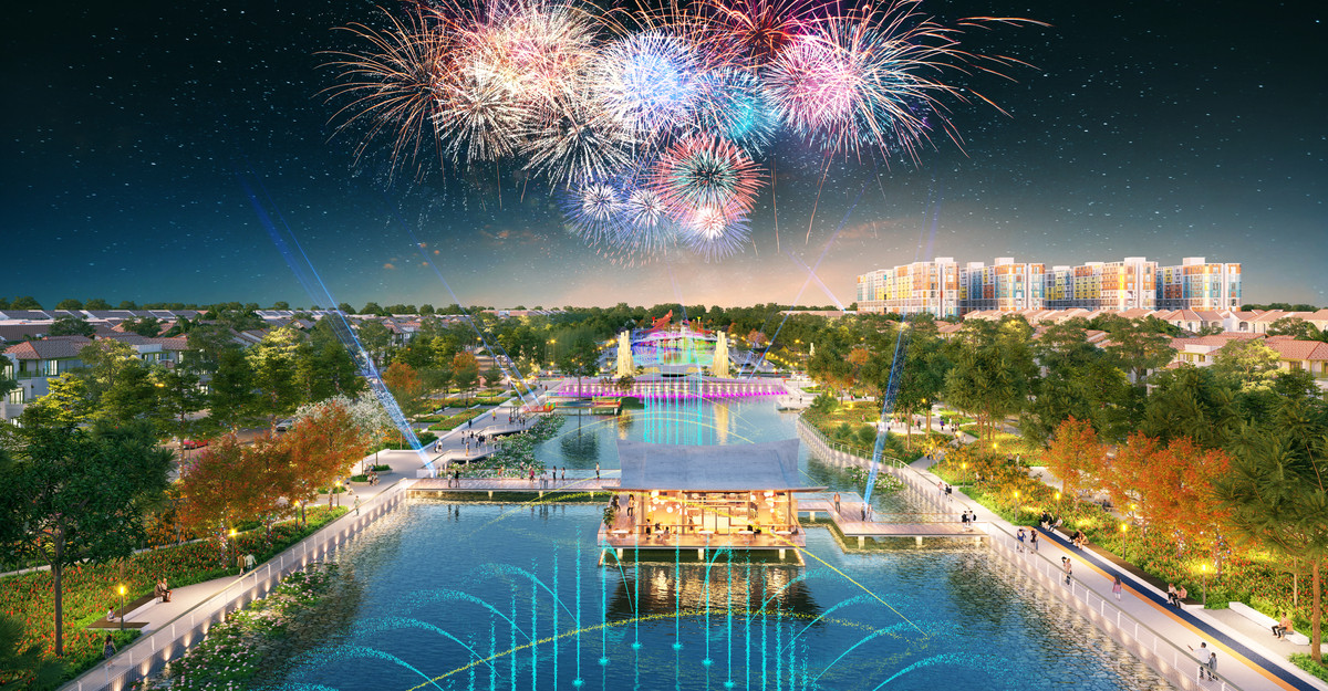 Trục đại lộ xanh mát với các mảng xanh và mặt nước, mang đến không gian sống sinh thái lý tưởng. Ảnh phối cảnh minh họa: Sun Property