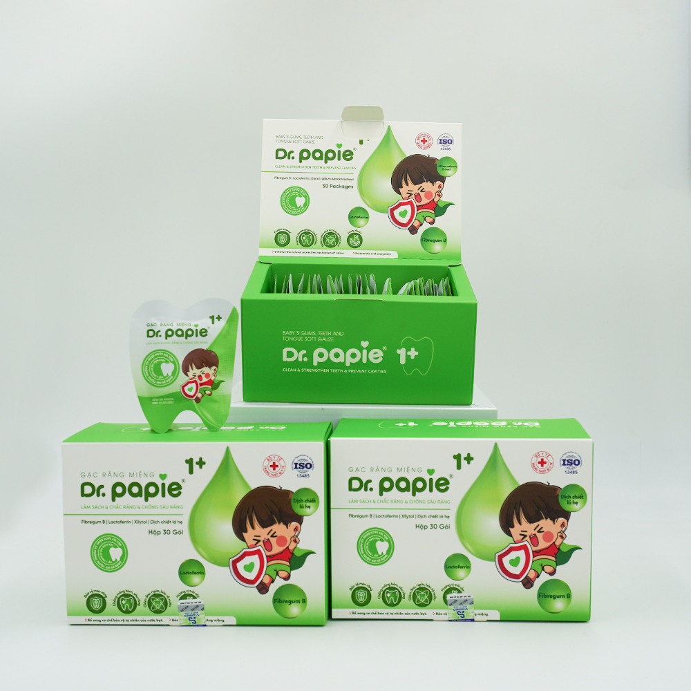 Gạc Dr.Papie 1+ giúp làm sạch mảng bám, tái khoáng hóa men răng, ngăn ngừa sâu sún răng cho trẻ từ 1 tuổi Gạc Dr.Papie 1+ giúp làm sạch mảng bám, tái khoáng hóa men răng, ngăn ngừa sâu sún răng cho trẻ từ 1 tuổi
