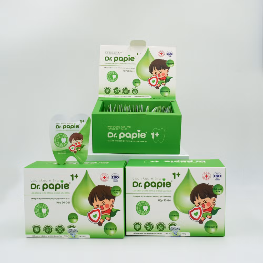 Gạc Dr.Papie 1+ giúp làm sạch mảng bám, tái khoáng hóa men răng, ngăn ngừa sâu sún răng cho trẻ từ 1 tuổi