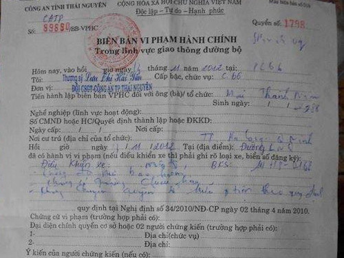 iên bản xử phạt anh Mai Thành Nam về lỗi chưa sang tên, đổi chủ