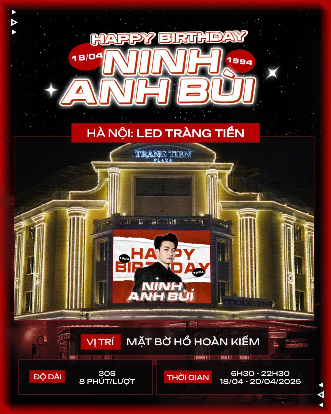"Chú Ninh" toả sáng trên màn LED tại Tràng Tiền Plaza. Ảnh: Diễm Hằng. "Chú Ninh" toả sáng trên màn LED tại Tràng Tiền Plaza. Ảnh: Diễm Hằng.