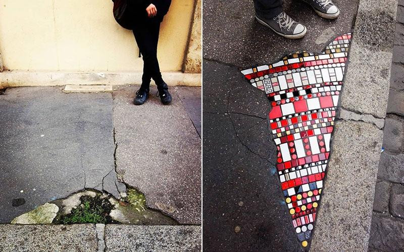 Hình ảnh trước và sau khi Ememem "vá" lại nền đường bong tróc, sụt lở