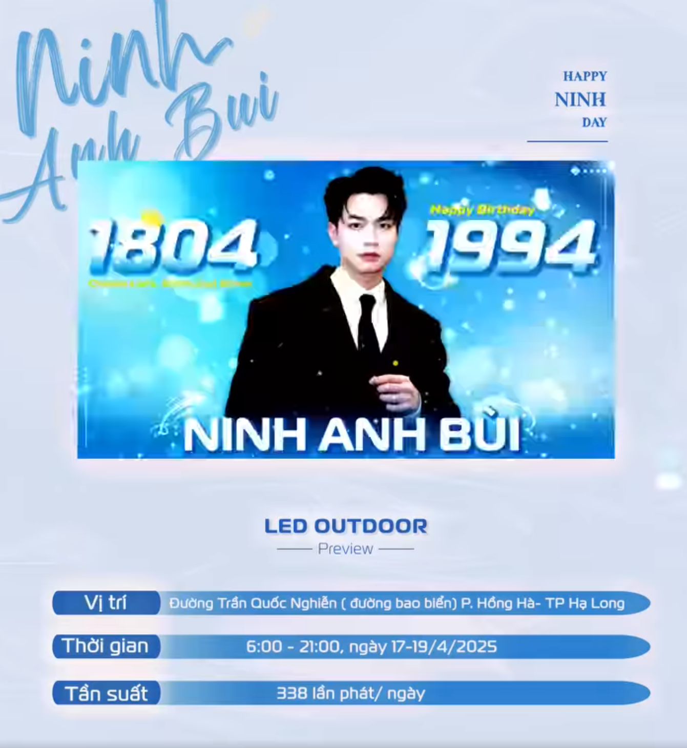 Bảng LED tại đường Trần Quốc Nghiễn sẽ phát 338 lần/ngày. Ảnh: Chụp màn hình. Bảng LED tại đường Trần Quốc Nghiễn sẽ phát 338 lần/ngày. Ảnh: Chụp màn hình.