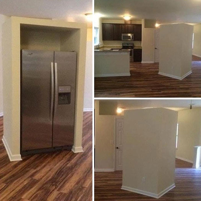 Một thiết kế gây nhức não: Ô đựng tủ lạnh nằm chơ vơ giữa phòng bếp. Một thiết kế gây nhức não: Ô đựng tủ lạnh nằm chơ vơ giữa phòng bếp.