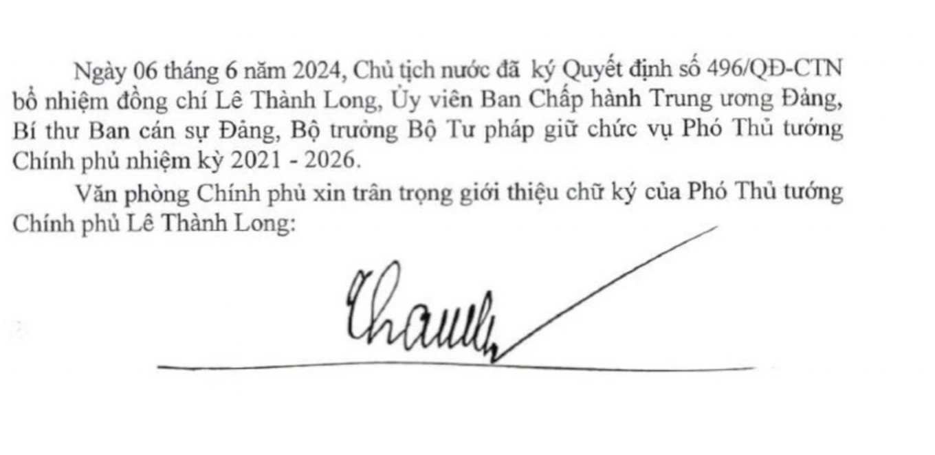 Chữ ký của tân Phó Thủ tướng Lê Thành Long. Ảnh: VGP.