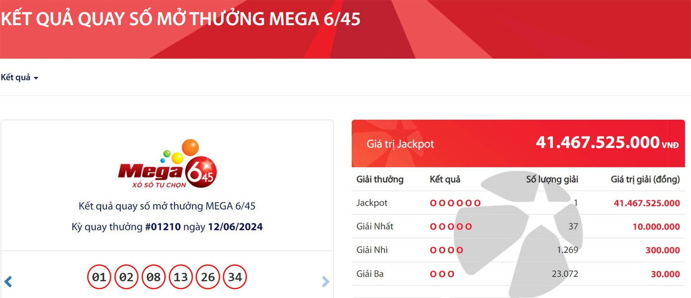 Kết quả quay số mở thưởng Mega 6/45 vào ngày 12/6. Kết quả quay số mở thưởng Mega 6/45 vào ngày 12/6.