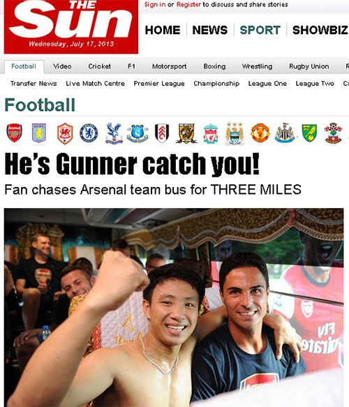 Xuân Tiến xuất hiện trên nhiều tờ báo nổi tiếng ở Anh như The Sun, Daily Mail...