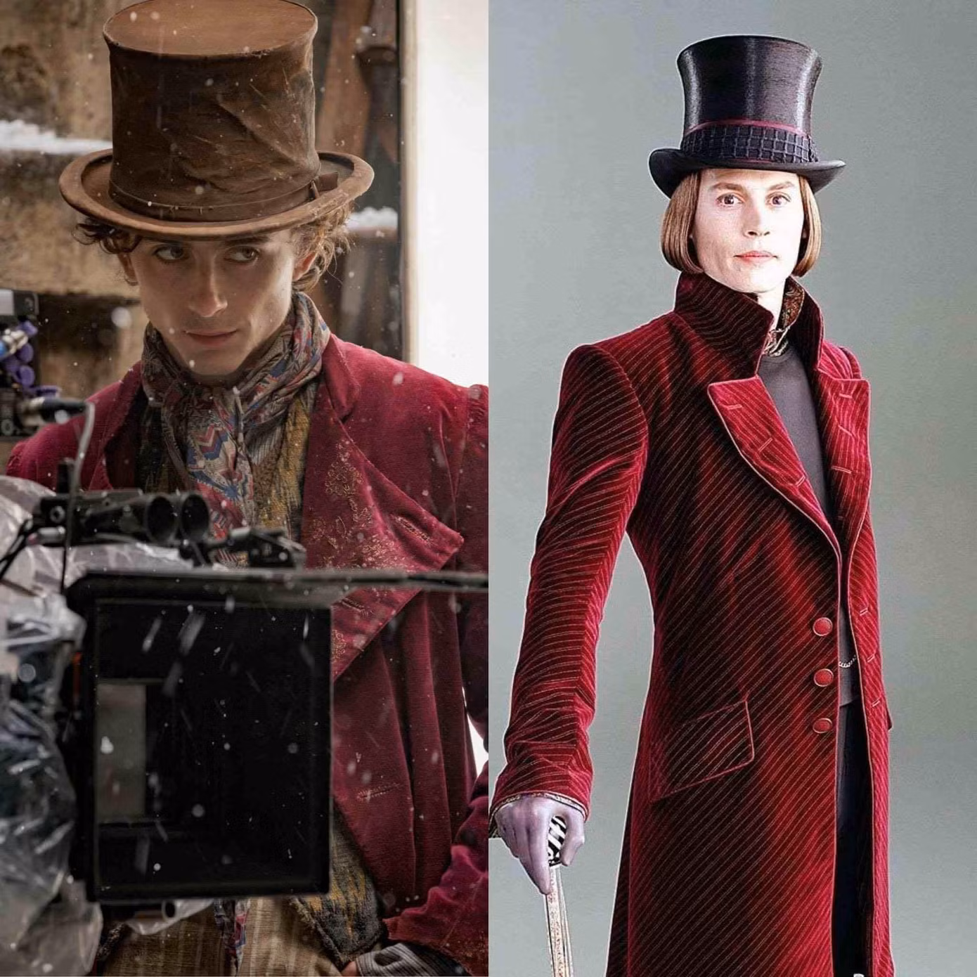 Tạo hình của Timothée trong "Wonka" (bên trái) và hình tượng Willy Wonka do Johnny Depp thể hiện (bên phải). - Nguồn: Facebook