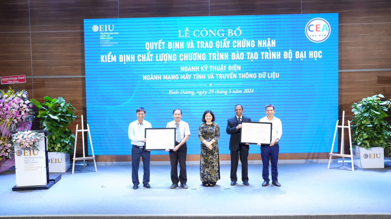 Đại học Quốc tế Miền Đông nhận Quyết định và Giấy chứng nhận kiểm định chất lượng 2 chương trình đào tạo ngành Kỹ thuật Điện, ngành Mạng máy tính và Truyền thông dữ liệu