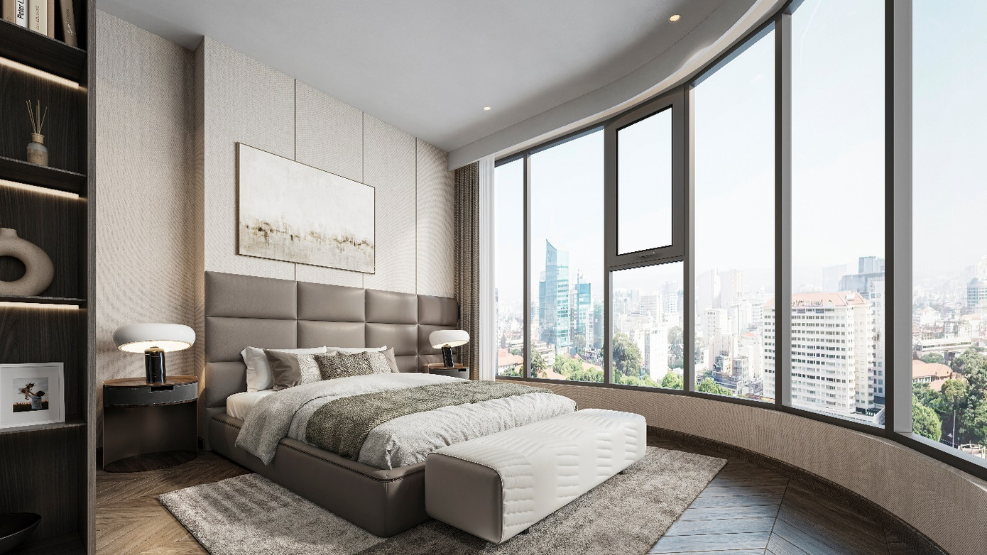 Căn hộ tại tòa The Atmos - LUMIÈRE Evergreen sử dụng kính Low-E vòng cung tràn viền mang đến tầm view panorama độc đáo. (Ảnh phối cảnh dự án)