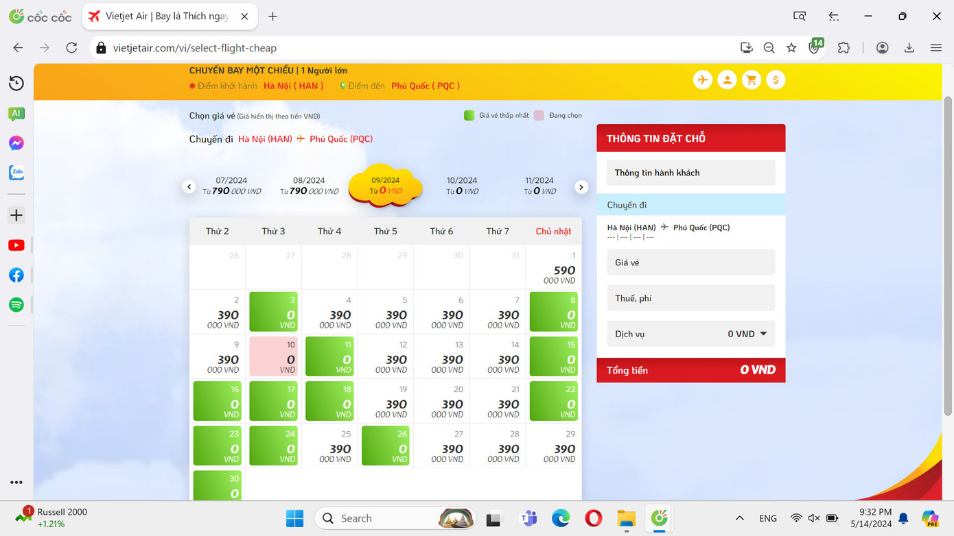 Vé 0 đồng được mở bán nhiều cho chặng bay Hà Nội - Phú Quốc (ảnh chụp màn hình) Vé 0 đồng được mở bán nhiều cho chặng bay Hà Nội - Phú Quốc (ảnh chụp màn hình)