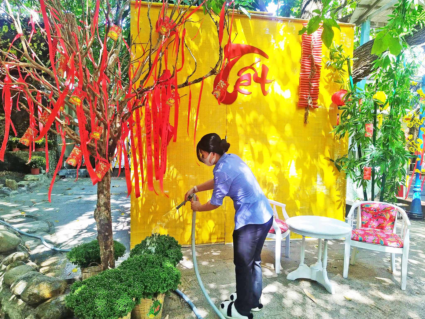 Nhân viên của Viện tự tay chăm sóc hoa xuân chuẩn bị các tiểu cảnh xuân phục vụ các bệnh nhân và người nhà đón Tết