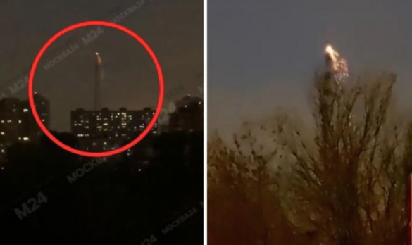 Hình ảnh toà tháp bị cháy ở phần đỉnh