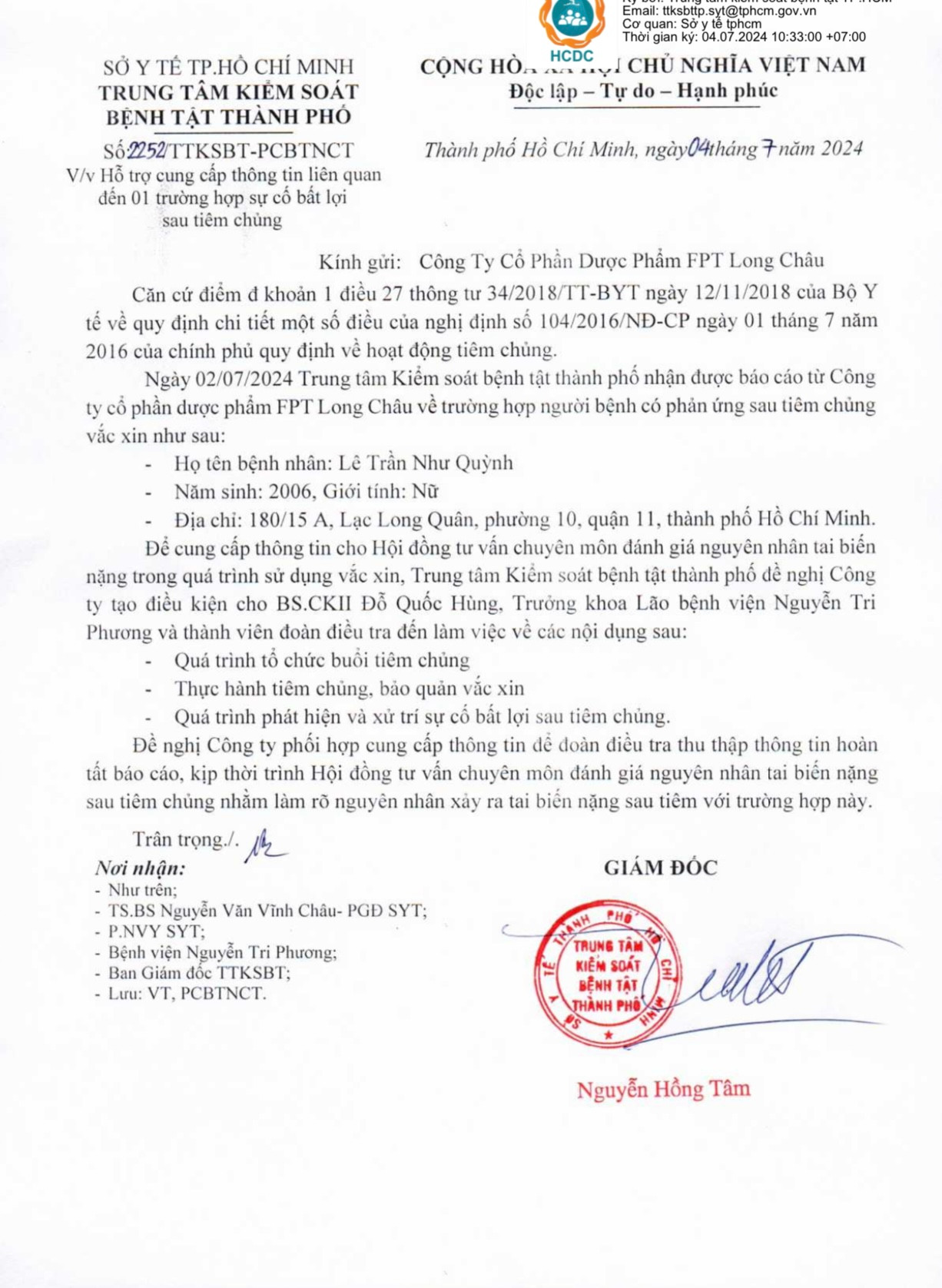 HCDC yêu cầu Long Châu báo cáo về hai ca tai biến sau tiêm vắc xin ở Trung tâm tiêm chủng này- ảnh L.N HCDC yêu cầu Long Châu báo cáo về hai ca tai biến sau tiêm vắc xin ở Trung tâm tiêm chủng này- ảnh L.N