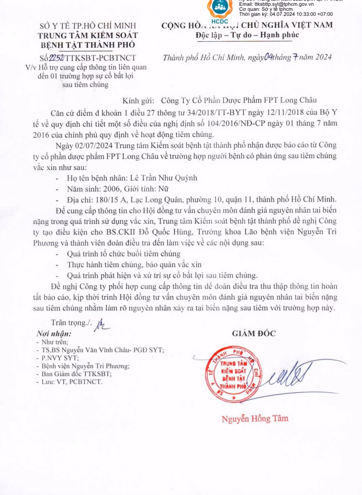 HCDC yêu cầu Long Châu báo cáo về hai ca tai biến sau tiêm vắc xin ở Trung tâm tiêm chủng này- ảnh L.N HCDC yêu cầu Long Châu báo cáo về hai ca tai biến sau tiêm vắc xin ở Trung tâm tiêm chủng này- ảnh L.N