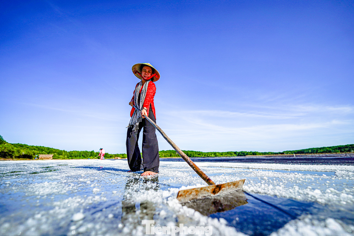 Chị Nguyễn Thị Bạch Tuyết - Giám đốc HTX Nông nghiệp TM DV DL Thiềng Liềng đang hướng dẫn quy trình thu hoạch muối của diêm dân đến các du khách.