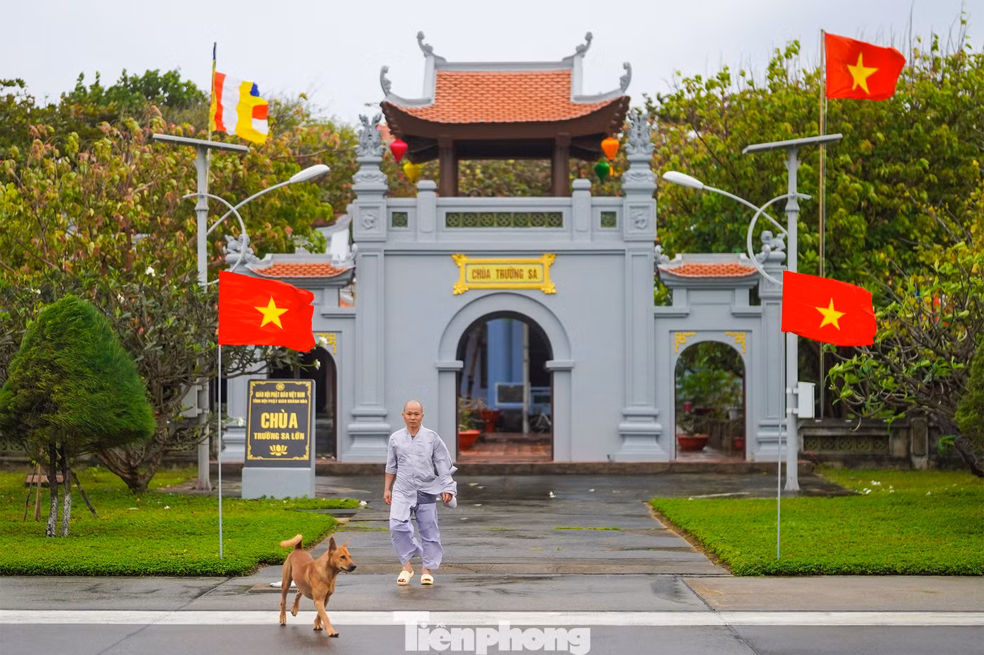 Khung cảnh bình yên ở chùa Trường Sa Lớn mỗi độ xuân về. Trong ảnh, thầy Thích Nhuận Đạt đang cùng chiến sĩ chuẩn bị đón Tết Giáp Thìn. Luôn kề cận bên thầy là chú chó Lu hiền lành, luôn đi cạnh thầy.