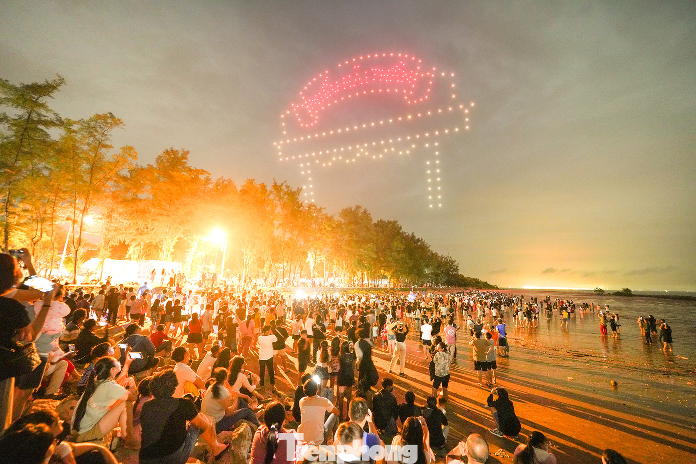 Hình ảnh cá Ông xuất hiện trên bầu trời khiến người dân phấn khích.