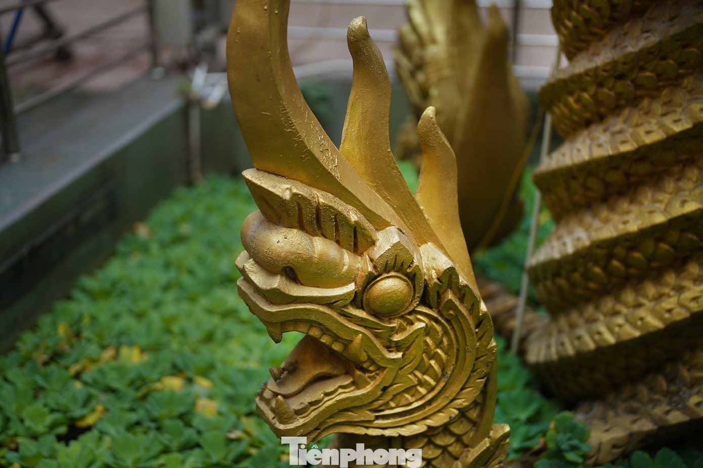 Hồ nước sân chùa trang trí hình tượng rắn Naga làm chân đế bảo tháp rõ nét. Hồ nước sân chùa trang trí hình tượng rắn Naga làm chân đế bảo tháp rõ nét.