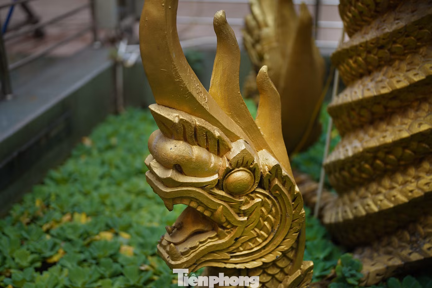 Hồ nước sân chùa trang trí hình tượng rắn Naga làm chân đế bảo tháp rõ nét.