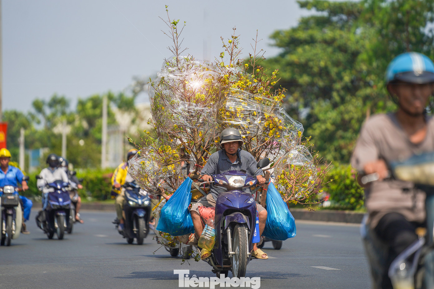 Một người đàn ông cũng tranh thủ dọn hàng hoa trước thềm giao thừa.