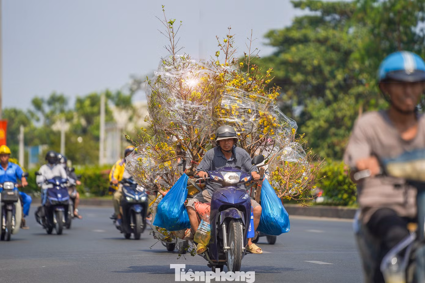 Một người đàn ông cũng tranh thủ dọn hàng hoa trước thềm giao thừa.