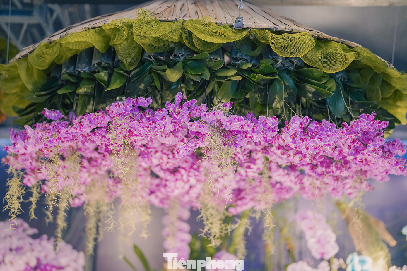 Chiếc nón lá Việt rủ đầy hoa lan trong tác phẩm Hồn Việt tạo nên chất thơ cho không gian lễ hội.