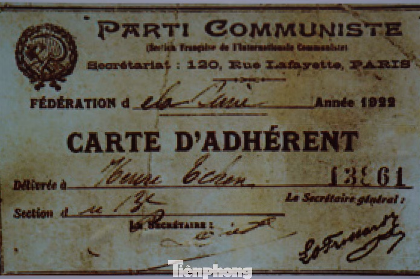 Tấm thẻ Đảng viên Đảng Cộng sản Pháp mang tên Henry Trần của Bác.