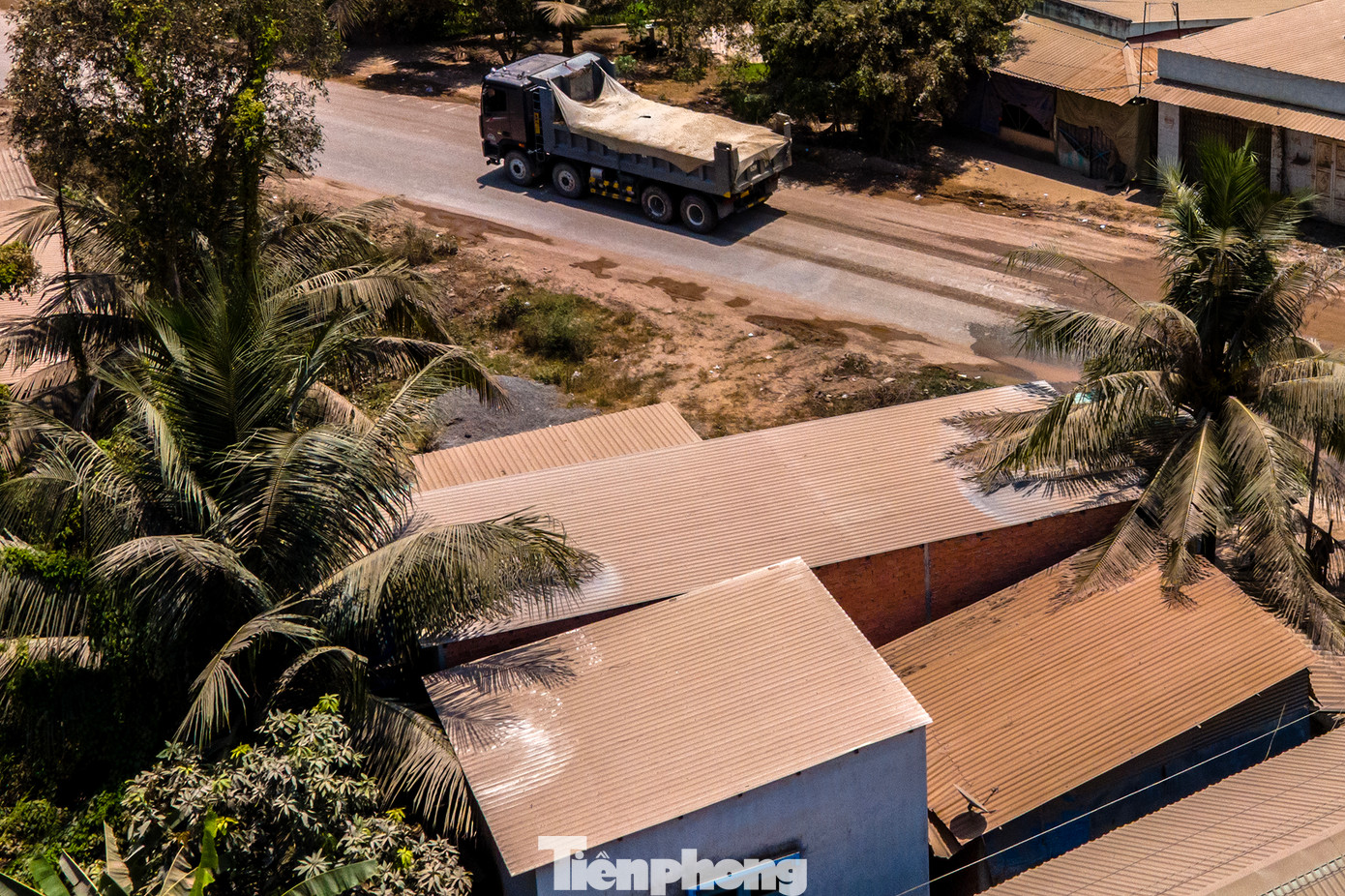 Mái tôn đổi từ màu trắng bạc sang màu của bụi. Có thể nhìn rõ khi các nhánh dừa đung đưa, quét đi một phần bụi để lộ ra lớp tôn bên dưới. Mái tôn đổi từ màu trắng bạc sang màu của bụi. Có thể nhìn rõ khi các nhánh dừa đung đưa, quét đi một phần bụi để lộ ra lớp tôn bên dưới.