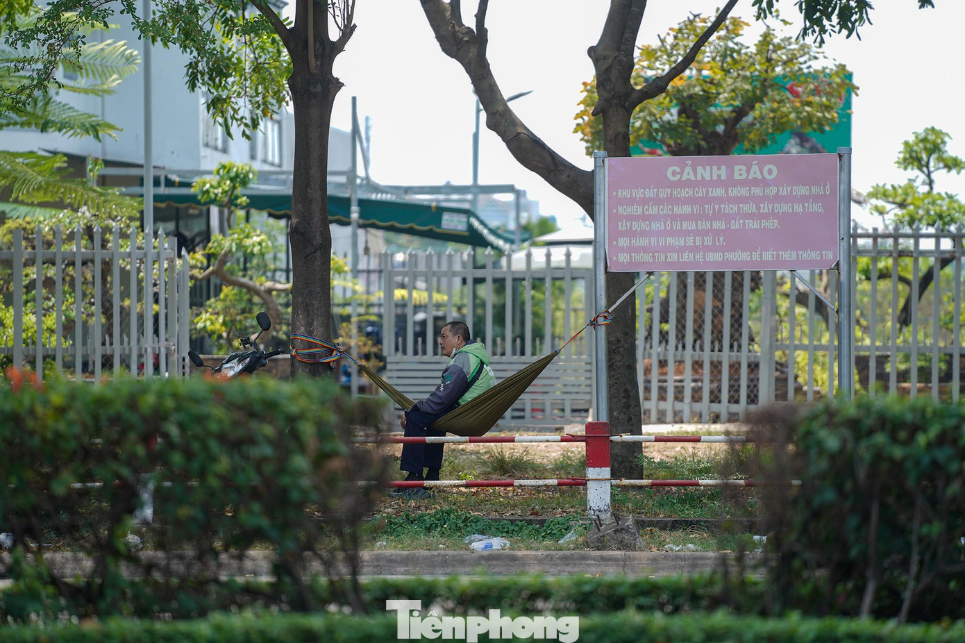 Gần đó, một bác tài xe ôm công nghệ mắc võng nghỉ trưa. Gần đó, một bác tài xe ôm công nghệ mắc võng nghỉ trưa.