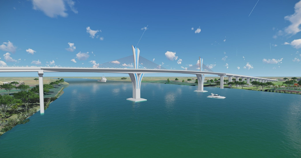 Phối cảnh cầu bắc qua sông Vàm Cỏ Tây có tổng chiều dài 6km (cả cầu và hai đường dẫn). Ảnh: QLDA Phối cảnh cầu bắc qua sông Vàm Cỏ Tây có tổng chiều dài 6km (cả cầu và hai đường dẫn). Ảnh: QLDA