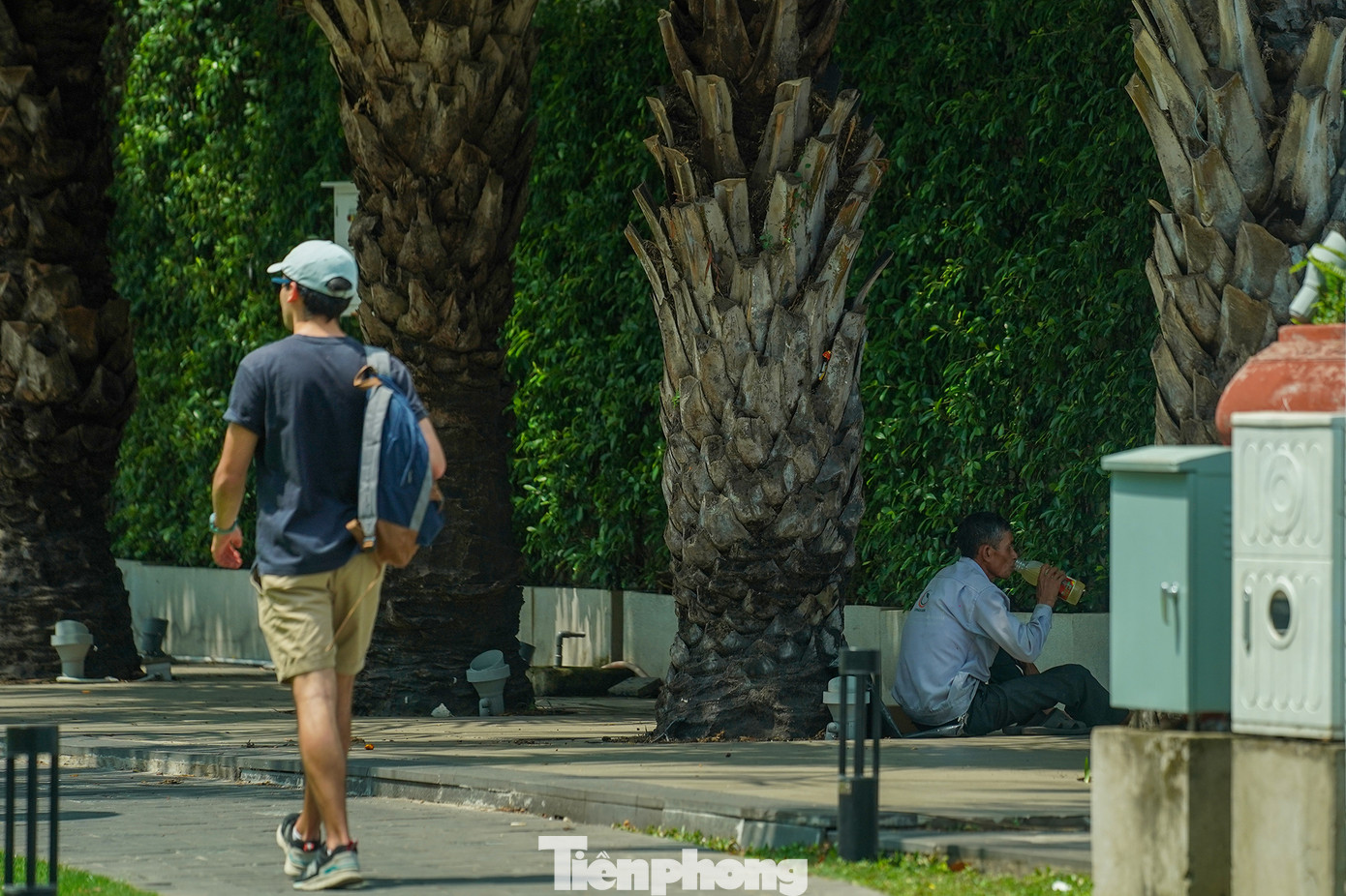 Một công nhân chăm sóc cây xanh đang núp nắng ngay phía sau khu giải khát của bến tàu buýt.