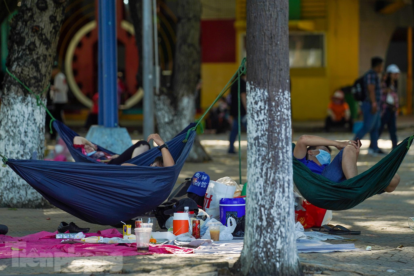 Nhiều du khách còn mang theo cả võng để vào đây nghỉ trưa, đợi các thành viên gia đình vui chơi.