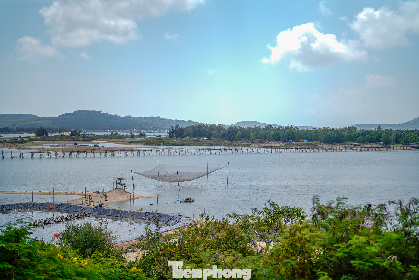 Đến với cầu Ông Cọp, bạn không chỉ cảm thấy an yên bởi sự mộc mạc giản dị của chiếc cầu gỗ mà còn phải trầm trồ bởi khung cảnh thiên nhiên ngoạn mục tại nơi đây. Mặt hồ phẳng lặng, rộng mênh mông. Đôi lúc vì cơn gió biển thổi qua nên lăn tăn gợn sóng. Rặng cây phi lao phía xa xa chạy dài bạt ngàn tít tắp tạo nên khung cảnh nên thơ lãng mạn. Đôi lúc khi đến đây vào mùa thu hoạch, khai thác, bạn sẽ thấy hình ảnh người ngư dân đánh bắt, cào nghêu, mò ốc cực kỳ bình dị.