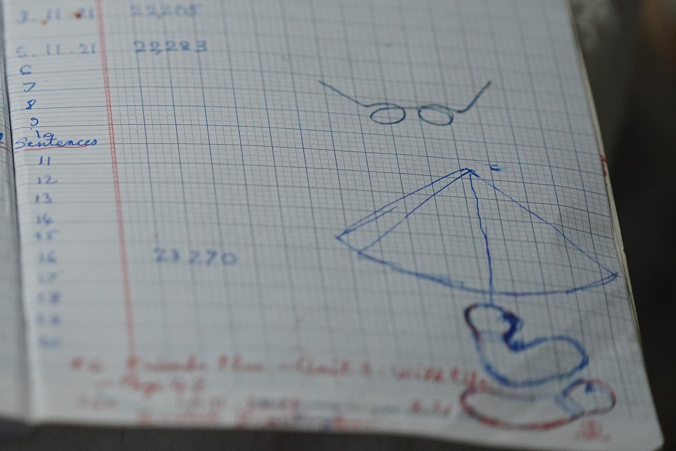 Cũng theo nghệ nhân, trước khi làm một vật gì cũng cần định hình xem tác phẩm đó có hình dạng như thế nào, tỉ lệ, kích cỡ bao nhiêu để chọn loại trứng to, nhỏ, tròn, dài và có màu sắc sao cho phù hợp. Các phần rập của ông Tâm được vẽ đơn giản trên giấy tập như thế này.