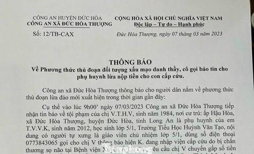 Công an địa phương các xã trên địa bàn huyện Đức Hòa thông báo đến người dân về trường hợp lừa đảo gọi điện nói con đang cấp cứu. Ảnh: CACC Công an địa phương các xã trên địa bàn huyện Đức Hòa thông báo đến người dân về trường hợp lừa đảo gọi điện nói con đang cấp cứu. Ảnh: CACC