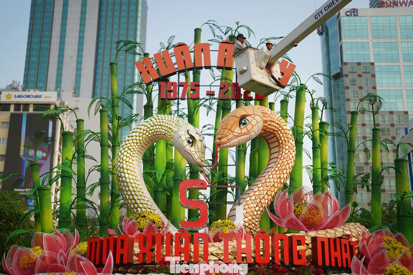 Cặp đôi Kim Tỵ (con cái) và Ngân Tỵ (con đực) có ngoại hình ấn tượng về kích thước cũng như cách chế tác đang được các công nhân hoàn thiện khâu ánh sáng chiều 25/1.