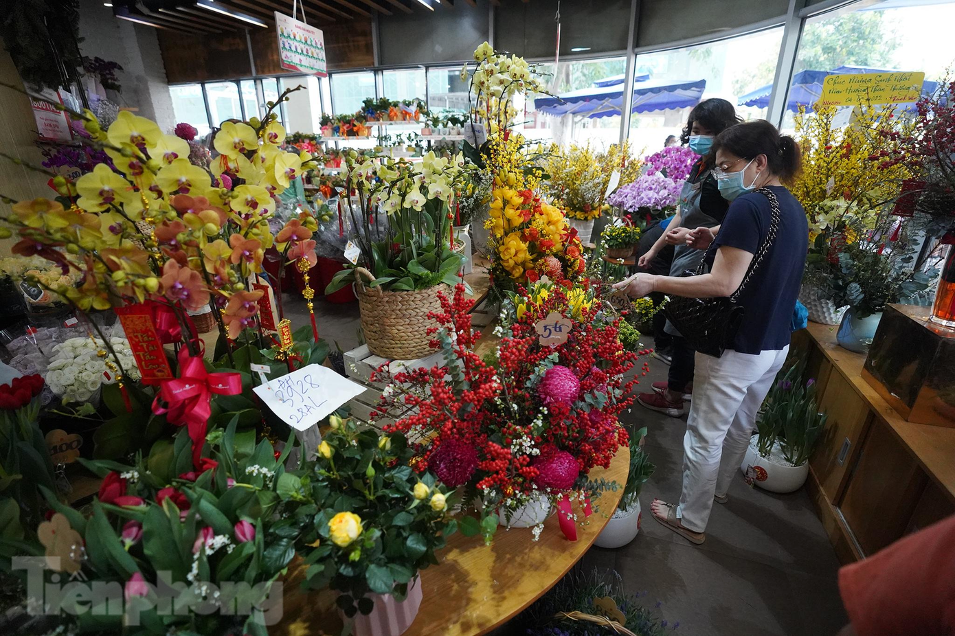 Hai dãy kệ dài ngay cửa ra vào được sử dụng làm nơi trưng bày các chậu hoa dịch vụ giá từ vài triệu đến trên hơn chục triệu.