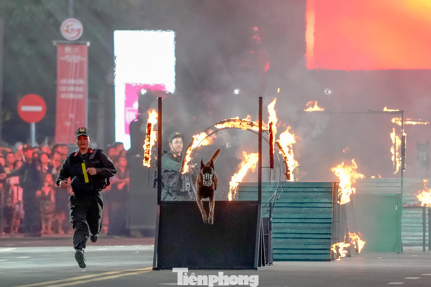 Những chú cảnh khuyển thu hút sự quan tâm khi thể hiện sự dũng mãnh trong chương trình "Vinh quang Công an nhân dân Việt Nam", nhân kỷ niệm 80 năm ngày truyền thống Công an nhân dân, tại phố đi bộ Nguyễn Huệ (TPHCM).