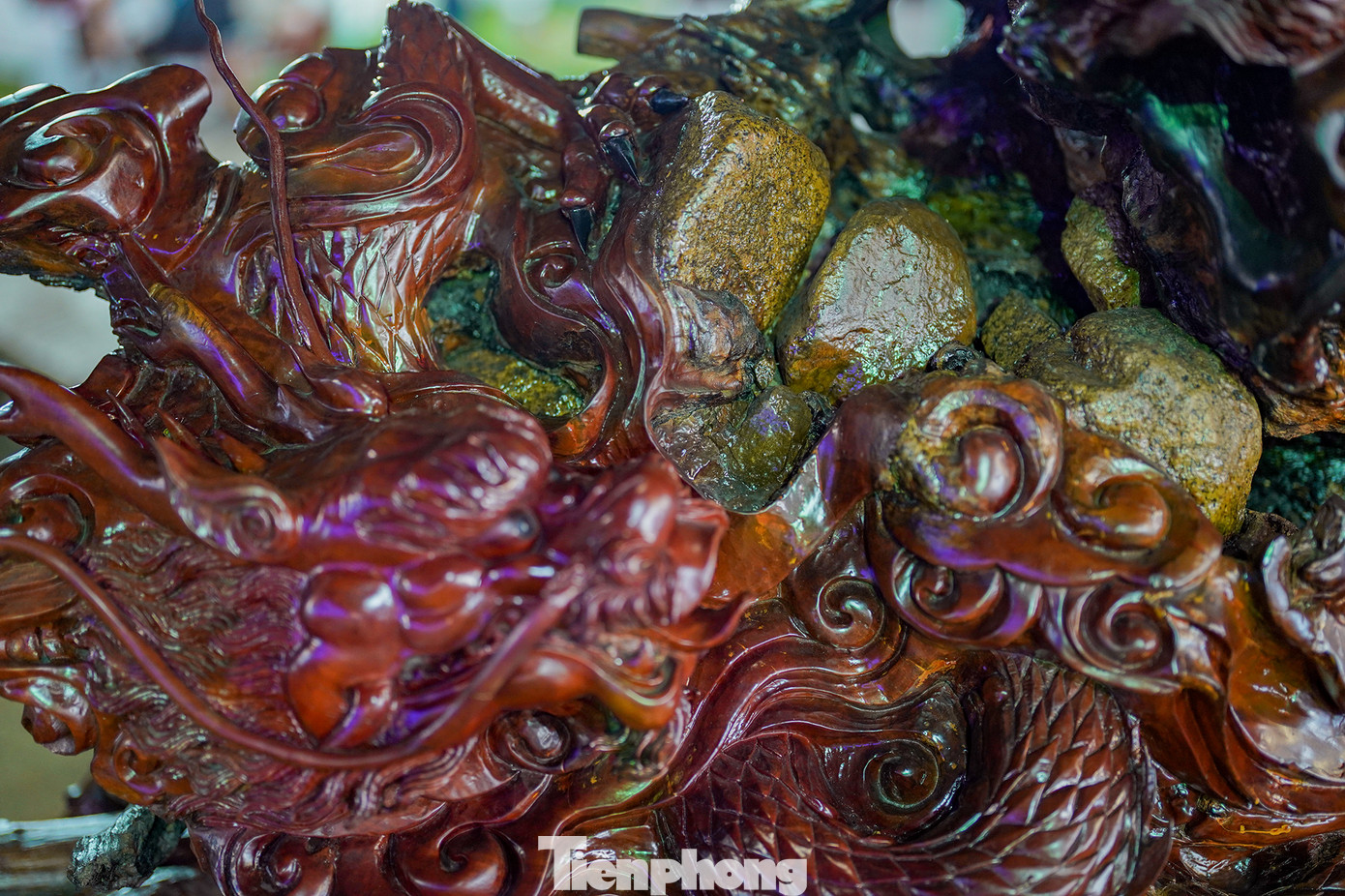 Những viên đá vẫn được giữ nguyên vẹn trong thấy được bao bộ bởi bộ rễ. Chia sẻ về quá trình sưu tầm rễ cây, anh cho biết mình đã có hàng chục năm trời đi sưu tầm tại các vùng Tây Nam Bộ - Đông Nam Bộ - Tây Nguyên để tìm được các bộ rễ cây khủng, hình dáng phù hợp. Việc tìm kiếm, sở hữu đã khó, công đoạn vận chuyển cũng vô cùng khó khăn. Nhưng bằng tình yêu và đam mê, anh đã nỗ lực để đưa các khối rễ cây về một cách nguyên vẹn nhất.