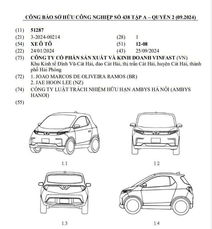 Công báo sở hữu công nghiệp mẫu xe cỡ nhỏ mới của VinFast. Công báo sở hữu công nghiệp mẫu xe cỡ nhỏ mới của VinFast.