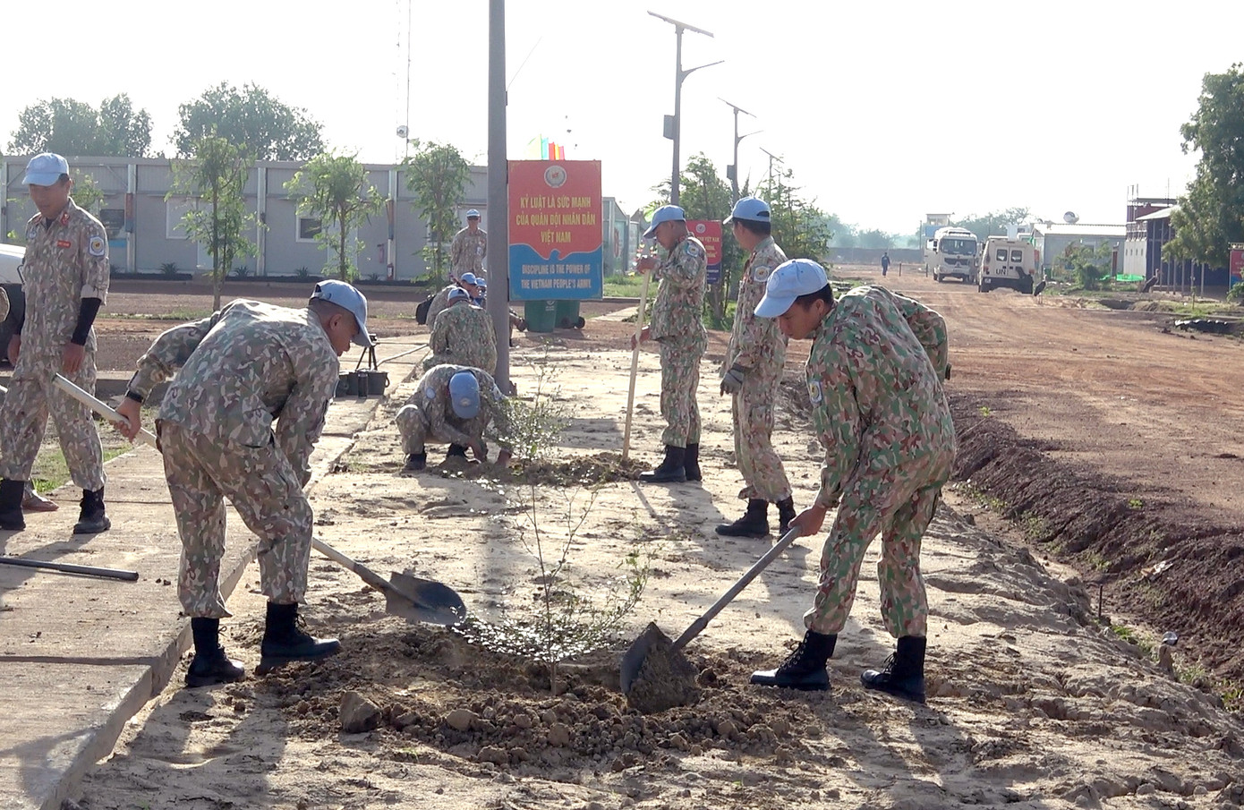 Cán bộ, nhân viên tham gia trồng cây xanh trong buổi Lễ phát động hưởng ứng ngày môi trường thế giới.