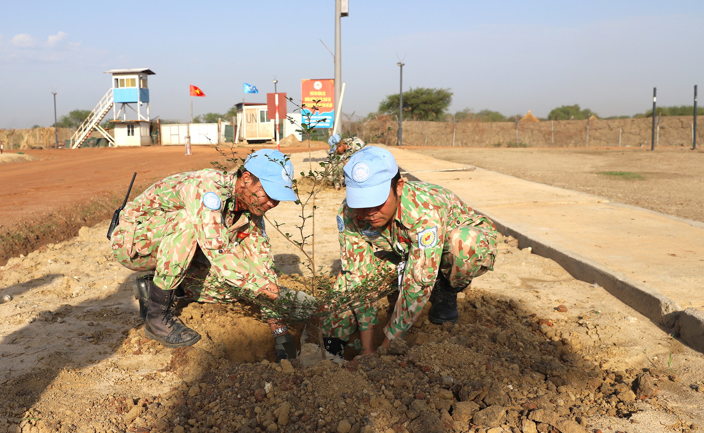 Cán bộ, nhân viên tham gia trồng cây xanh trong buổi Lễ phát động hưởng ứng ngày môi trường thế giới.