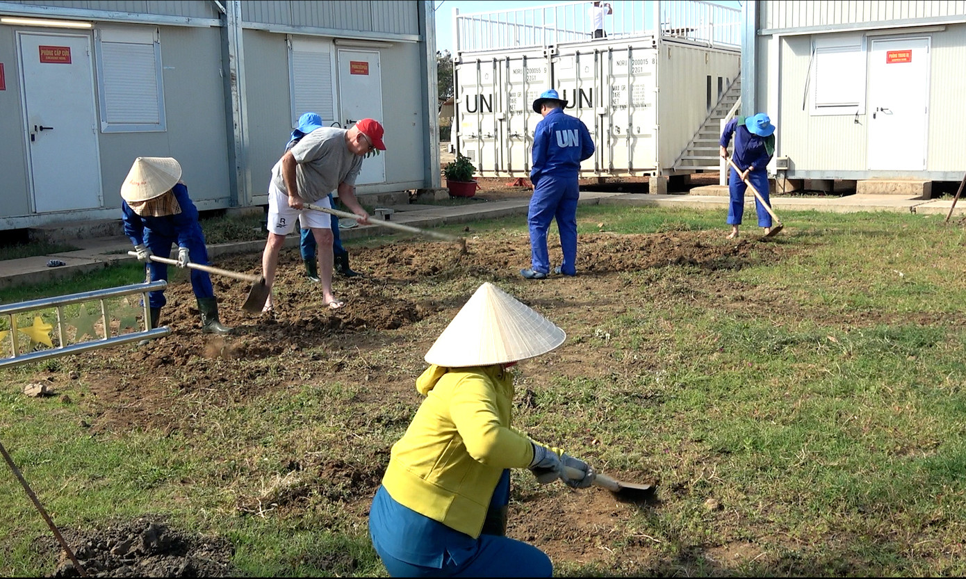 Cán bộ, nhân viên Bệnh viện dã chiến cấp 1 cùng khách quốc tế cải tạo đất trồng hoa.