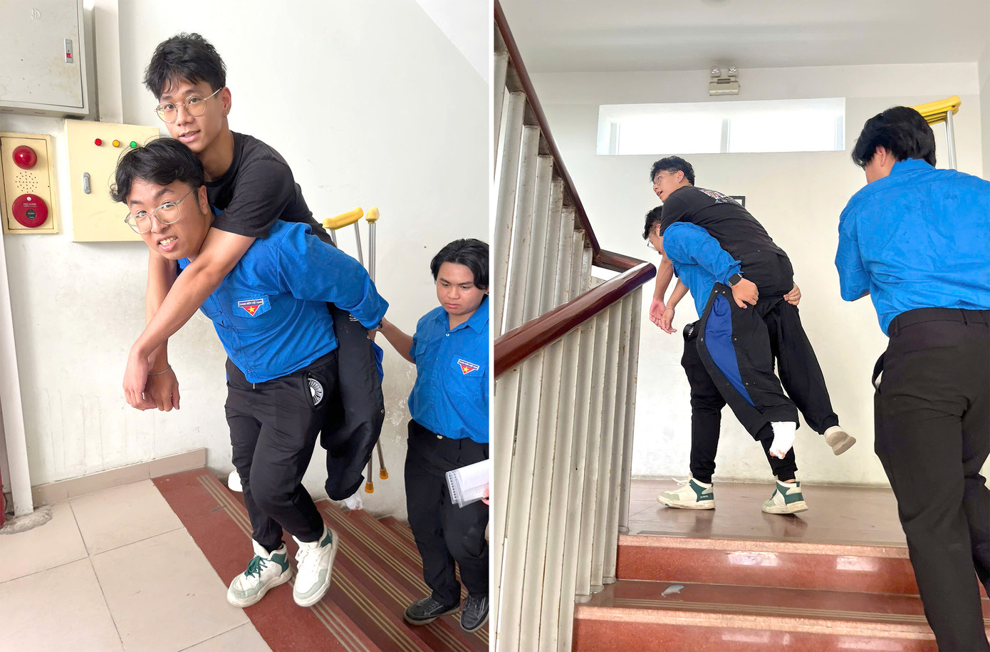 Nguyễn Quang Minh cõng thí sinh bị gãy chân trong chiều 25/6 làm thủ tục dự thi kỳ thi Tốt nghiệp THPT năm 2025. Ảnh: TĐHN Nguyễn Quang Minh cõng thí sinh bị gãy chân trong chiều 25/6 làm thủ tục dự thi kỳ thi Tốt nghiệp THPT năm 2025. Ảnh: TĐHN