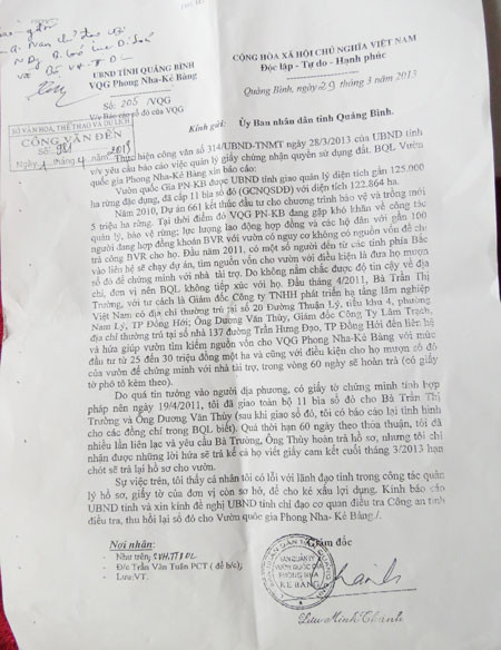 Văn bản báo cáo của ông Lưu Minh Thành gửi UBND tỉnh Quảng Bình. Ảnh: Minh Phong