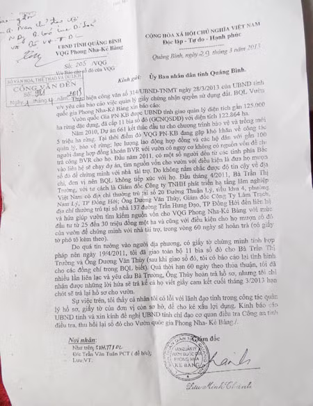 Văn bản báo cáo của ông Lưu Minh Thành gửi UBND tỉnh Quảng Bình. Ảnh: Minh Phong